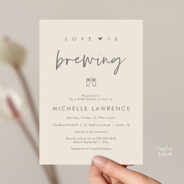 Convite Love is brewing, Beer Party,  Bridal Shower (Love is brewing, Beer Party, Bridal Shower Invites card, booze love laughter, in cream grey)