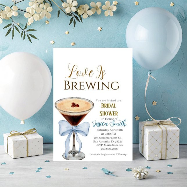 Convite Love is Brewing Blue Bridal Shower Invitation  (Love is Brewing bridal shower invitation. )