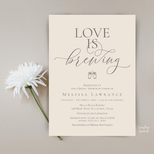 Convite Love Is Brewing Bridal Shower | Elegant Script (Love Is Brewing Bridal Shower | Elegant Script Invitation Card in Grey Cream)