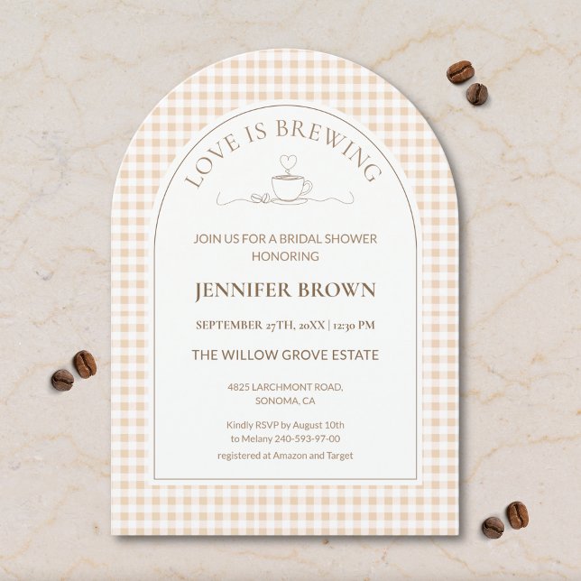 Convite Love Is Brewing Bridal Shower Invitation | Gingham (Criador carregado)