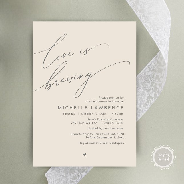 Convite Love is Brewing, Bridal Shower Party Celebration (Love is Brewing, Bridal Shower Party Beer Wine Tasting Romantic Invites Card Charm Cream Grey)