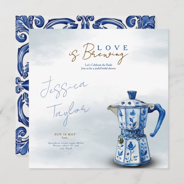 Convite Love is Brewing Chinoiserie blue Bridal Shower Inv (Frente/Verso)