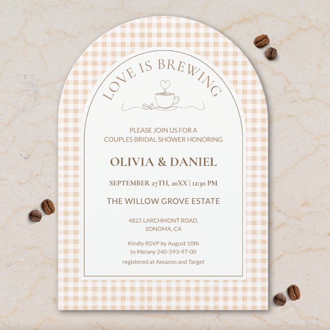 Convite Love Is Brewing Gingham Coffee Couples Shower  (Criador carregado)