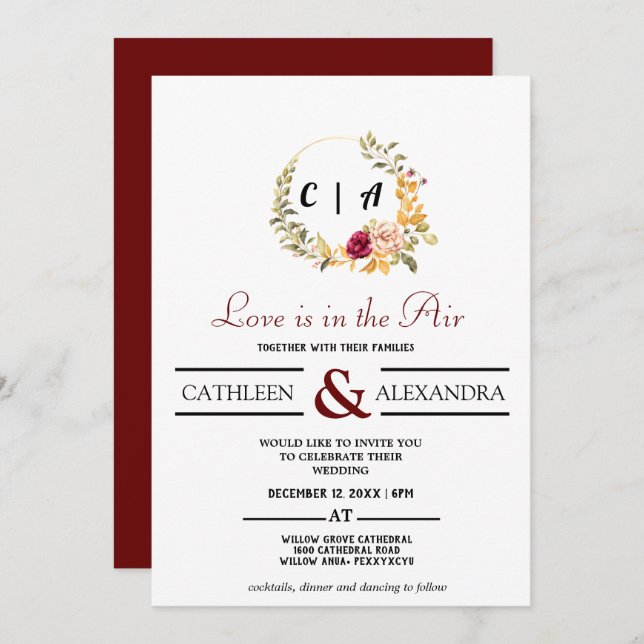 Convite Love IS IN AIR Romantic Script with elegant floral (Frente/Verso)