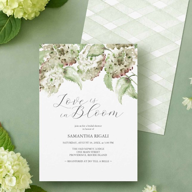 Convite Love Is In Bloom Bridal Shower Invites Hydrangea (Elegant Bridal Shower Invitation Designs for a Rustic Theme with watercolor green hydrangeas)