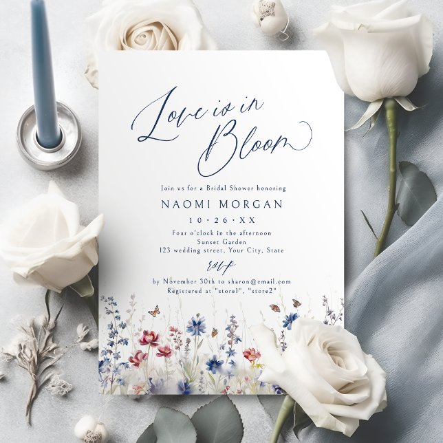 Convite Love is in Bloom Navy Wildflower Bridal Shower (Love is in Bloom Navy Wildflower Bridal Shower Invitation)