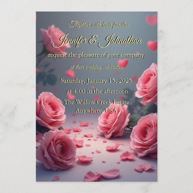 Convite Love is in Bloom Pink Roses Romantic Wedding (Frente)