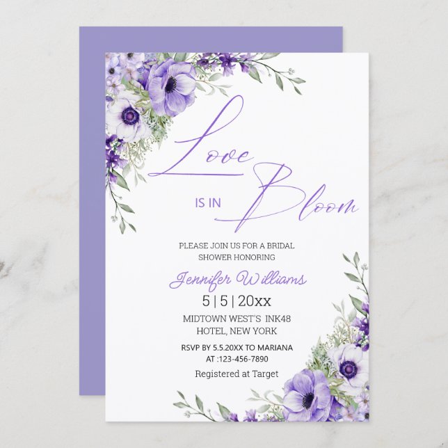 Convite love is in bloom, purple floral bridal shower chic (Frente/Verso)