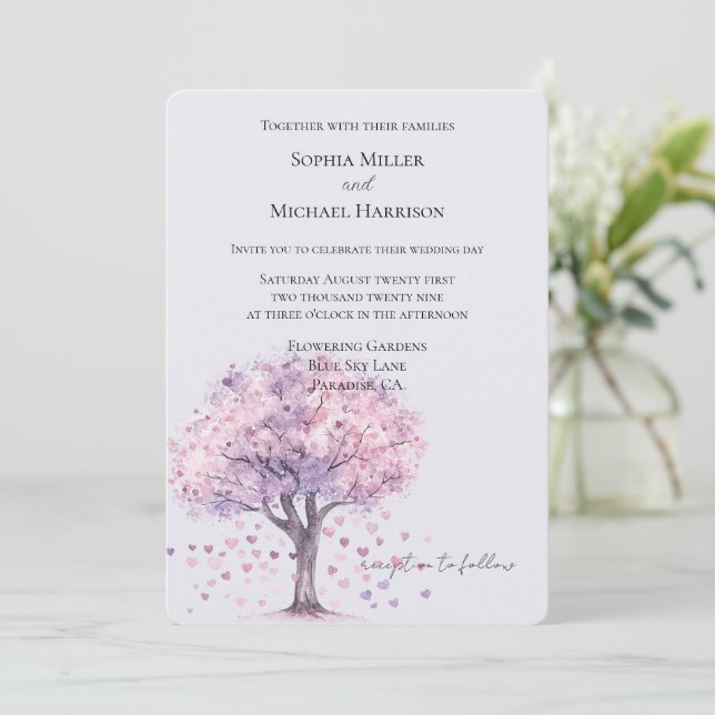 Convite Love is in the air Lavender Hearts Tree Wedding (Em pé/Frente)