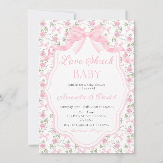 Convite  Love Shack Baby Pink Bow Baby Shower Girl (Frente)
