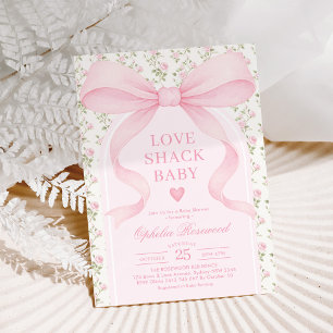 Convite Love Shack Rosas Laço Rosa Festa de Bebê Menina