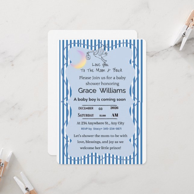 Convite Love You to the Moon and Back Baby Boy Shower  (Frente/Verso In Situ)