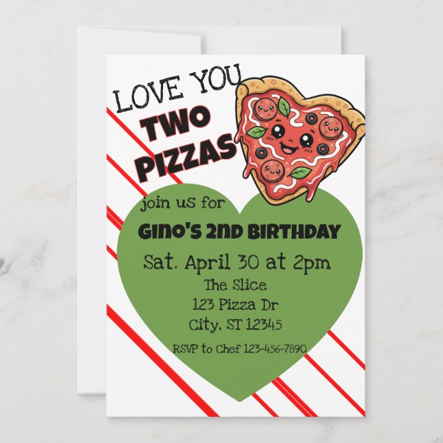 Convite Love You Two Pizzas 2nd Birthday (Frente)
