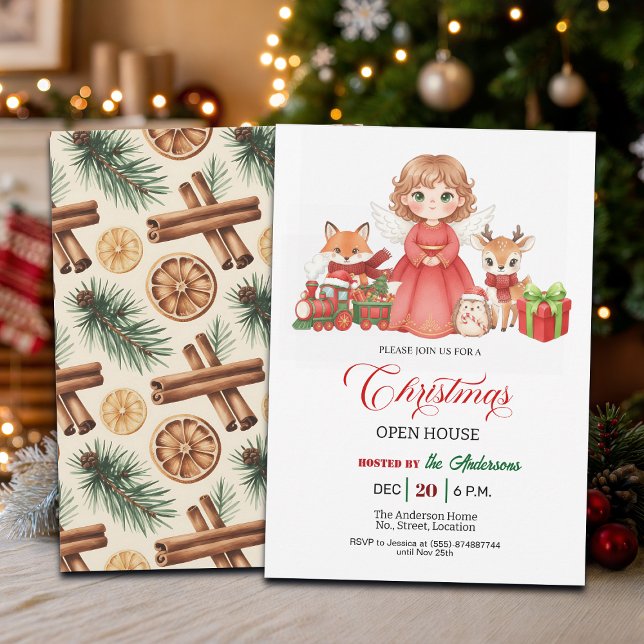 Convite Lovely Angel Forest Animals Christmas Open House (Criador carregado)