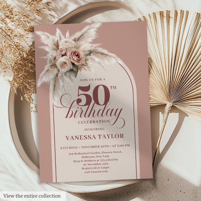 Convite Lovely Arch Powder Pink Pampas Floral 50 Birthday (Lovely Arch Powder Pink Pampas Floral 50th Birthday)