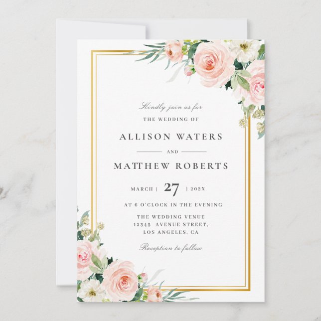 Convite lovely blush floral frame wedding invitation (Frente)