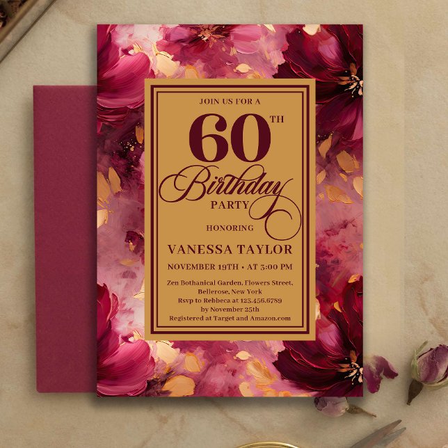 Convite Lovely Burgundy Blush Gold Style 60th Birthday   (Lovely Burgundy Blush Gold Style 60th Birthday Invitation

)
