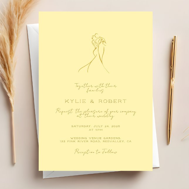 Convite Lovely Couple Drawn Script Butter Yellow Wedding (Criador carregado)