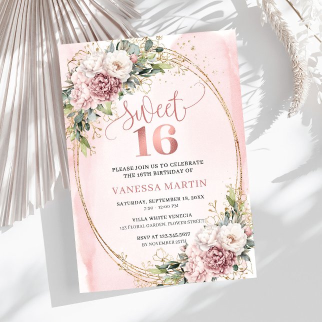Convite Lovely Dusty Pink Floral Greenery Sweet Sixteen  (Lovely Dusty Pink Floral Greenery Sweet Sixteen Invitation

)