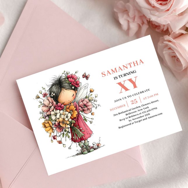 Convite Lovely Fairy Girl 7th Birthday Pink Floral invite (Lovely Fairy Girl 7th Birthday Pink Floral invitation)