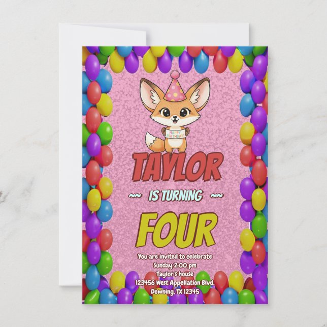 Convite Lovely Fennec Fox 4th Birthday Invitation (Frente)