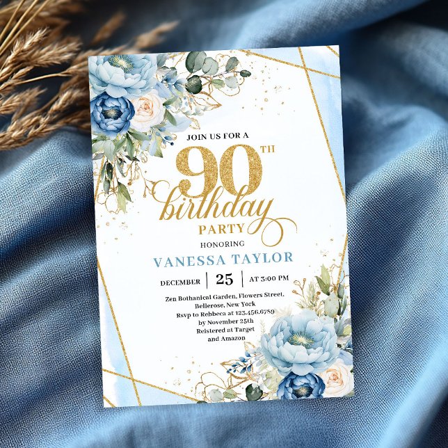 Convite Lovely pale blue gold florals 90th birthday invite (Lovely pale blue gold florals 90th birthday celebration)