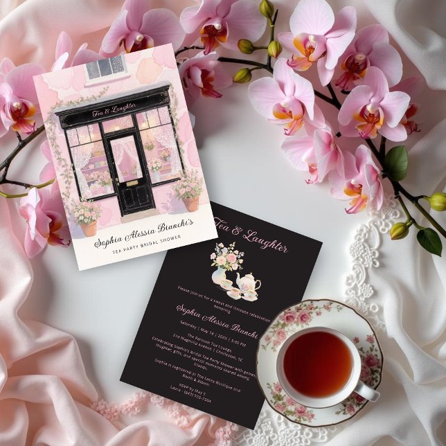 Convite Lovely Pink Vintage Tea Party Bridal Shower  (Lovely Vintage Tea Party Bridal Shower Cards in Pastel Pink and Black Invitation Cards. )