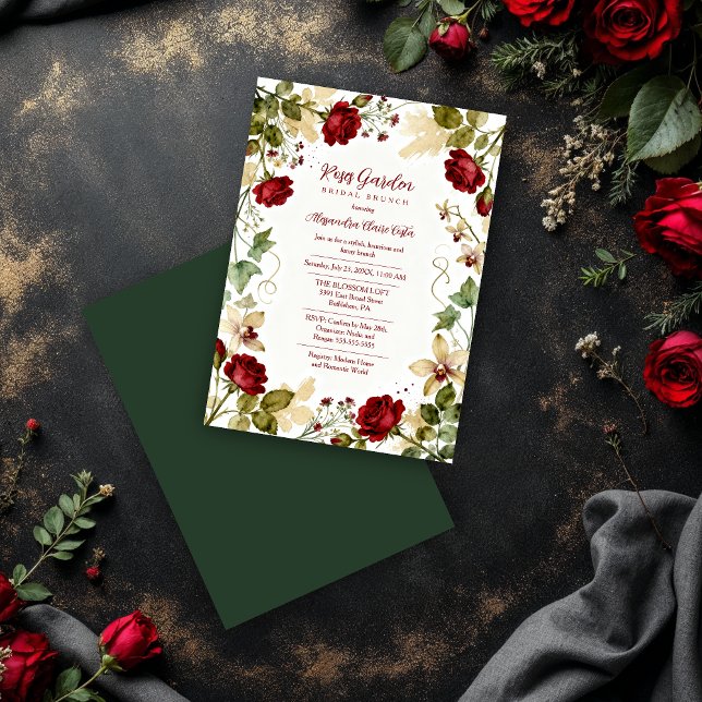 Convite Lovely Red Roses Garden-Inspired Bridal Brunch (Lovely Red Roses Garden-Inspired Bridal Shower Brunch Invitation Card Design with Dark Green Back.)