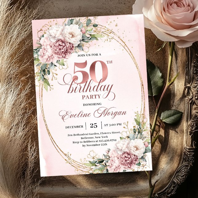 Convite Lovely Rose Gold Blush Flowers 50th Birthday Party (Lovely Rose Gold Blush Flowers 50th Birthday Party Invite

)