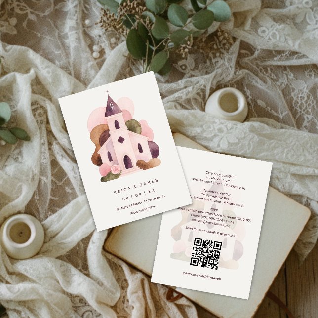 Convite Lovely Rustic Pink Tones Church Wedding  (Lovely Rustic Pink Tones Church Illustration Wedding Invitation Cards Design.)
