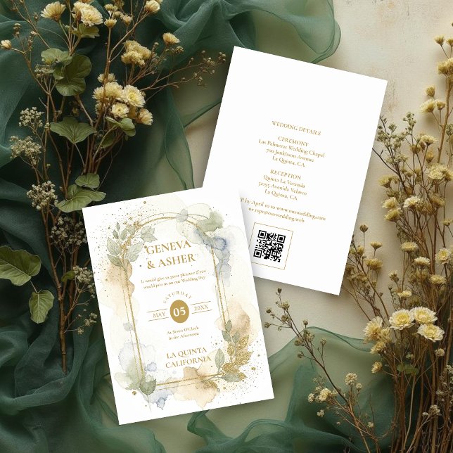 Convite Lovely Spring Green & Beige Floral Arch Wedding (Lovely Spring Green & Beige Floral Arch Glitter Effect Wedding Invitation with Back QR Code.)