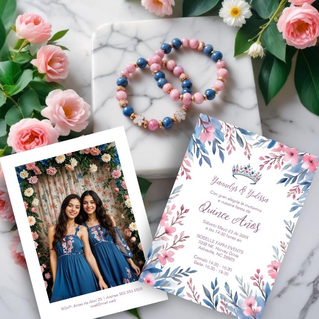 Convite Lovely Twins Botanical Frame Tiara Spanish Photo  (Lovely Twins Sisters Botanical Frame Spanish Photo Mis XV Invitations Cards in Blue & Pink Tiara)