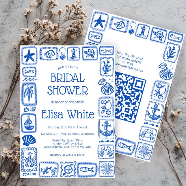Convite LoveNotes do Chá de panela de QR PERSONALIZADO do  (LoveNotes from the Sea Modern CUSTOM QR Beachy Summer Bridal Shower Invitation
)