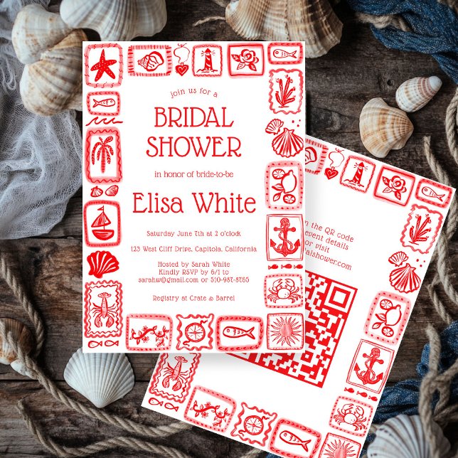 Convite LoveNotes do Chá de panela do Mar Moderno QR PERSO (LoveNotes from Sea Bridal Shower Modern red hand drawn CUSTOM QR Code Party Invitation
)
