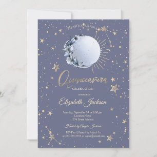 Convite Lua Azul, Estrelas Flor Pastel Quinceanera