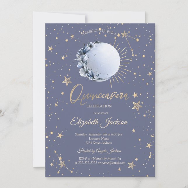Convite Lua Azul, Flor de Estrelas Quinceanera Pastel (Frente)