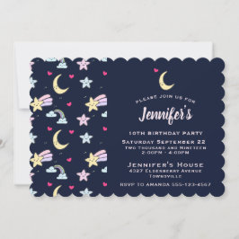 Convite Lua branca, estrelas e nuvens no aniversário azul