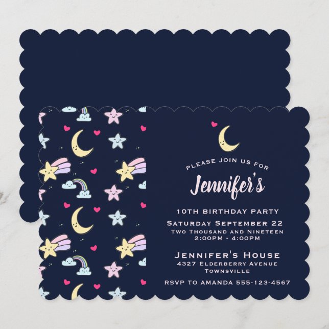 Convite Lua Caprichosa, Estrelas e Nuvens no Aniversário A (Frente/Verso)