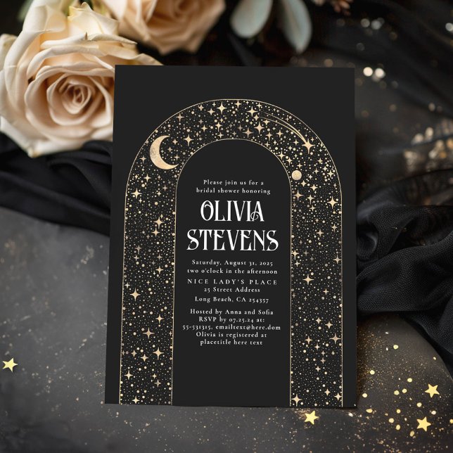 Convite Lua Celestial e Estrelas Chá de panela Negro (Celestial Black Bridal Shower Invitations)
