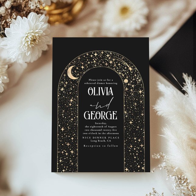 Convite Lua Celestial e Estrelas Janto de Ensaio Negro (Celestial Stars Arch Black and Gold Rehearsal Dinner Invitations)