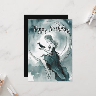Convite Lua Celestial E Estrelas, Menina & Corvo Aniversár
