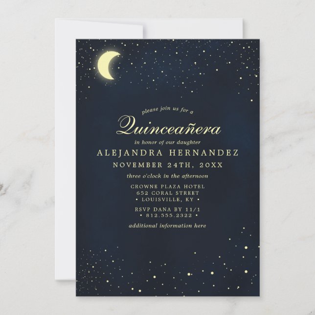 Convite Lua Celestial Estrelas Azul Meia-Noite Quinceañera (Frente)