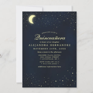 Convite Lua Celestial Estrelas Azul Meia-Noite Quinceañera