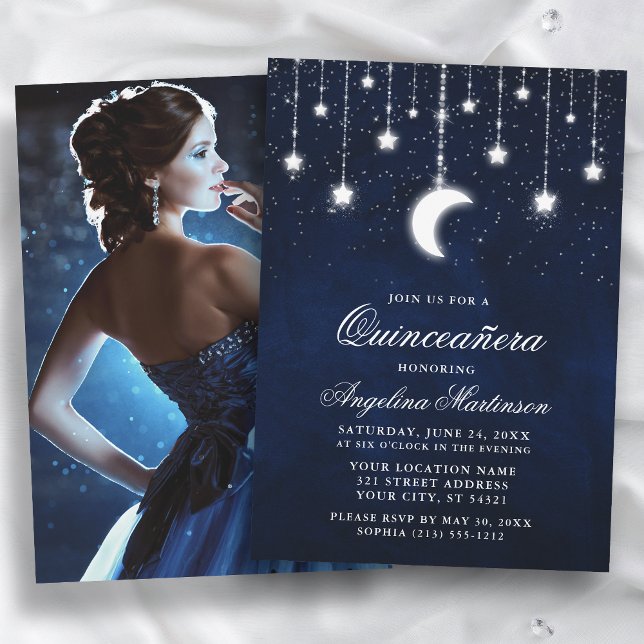 Convite Lua Celestial Estrelas Luz Foto Quinceanera (Customize to change text size or text style.)