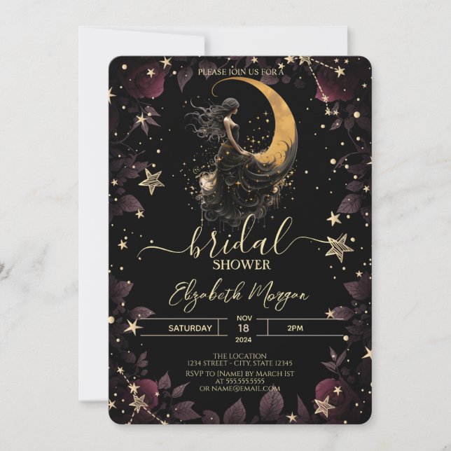 Convite Lua Celestial,Menina,Estrelas Flores Chá de Noiva (Frente)