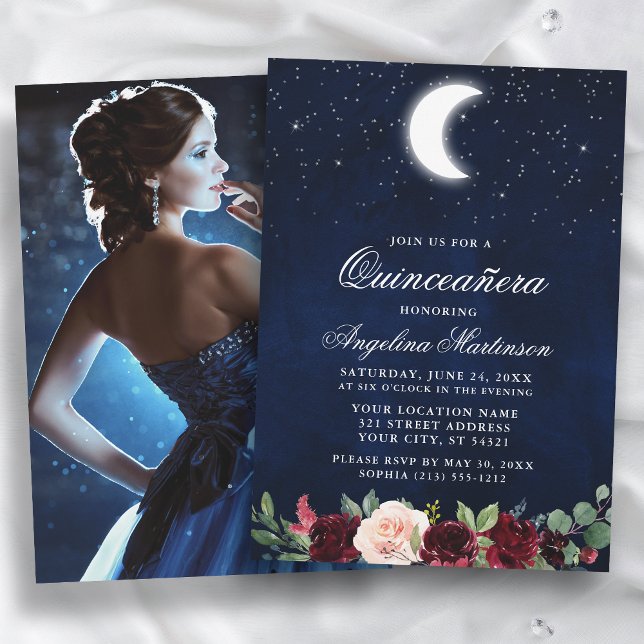 Convite Lua Celestial Stars Foto Floral Quinceanera (Customize to change text size or text style.)