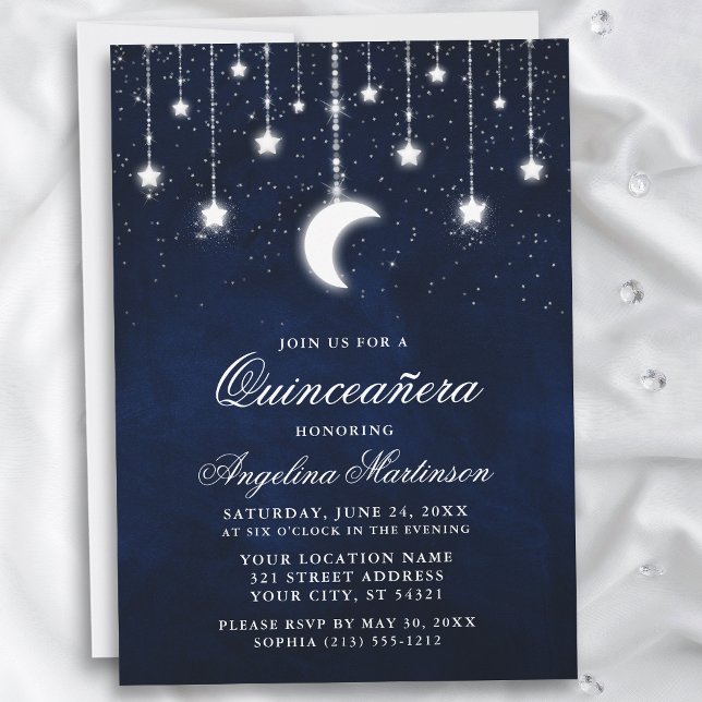 Convite Lua Celestial Stars String Luzes Quinceanera (Customize to add text or a photo to back of card.)