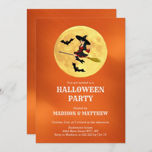 Convite Lua Com Bruxa E Morcegos (Frente/Verso)