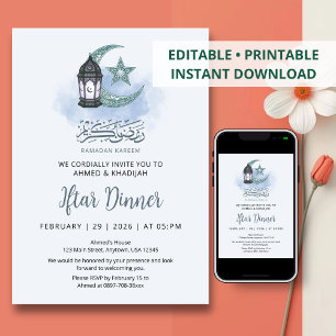 Convite Lua Crescente Elegante e Lanterna Iftar de Ramadan