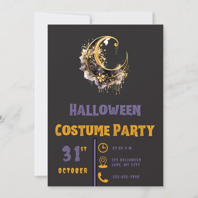 Convite Lua Crescente Preta e Dourada Halloween Moderno Pr (Frente)